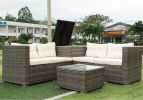 4 Piece Patio Sectional Wicker Rattan Outdoor Furniture Sofa Set with Storage Box - Grey Wicker Creme Cushion