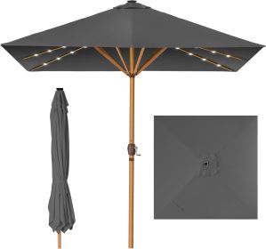 9ft Deep Square Solar Powered LED Lighted Patio Umbrella w/Faux Wood Texture, UV-Resistant Fabric, Hand Crank (Color: Gray)