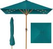 9ft Deep Square Solar Powered LED Lighted Patio Umbrella w/Faux Wood Texture, UV-Resistant Fabric, Hand Crank
