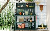 65" Large Wooden Farmhouse Rustic Outdoor Potting Bench Table; Patio Workstation; Garden Potting Bench with 4 Storage Shelves and Side Hook