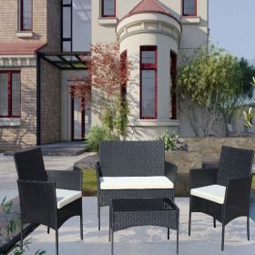 4 PC Rattan Patio Furniture Set Outdoor Patio Cushioned Seat Wicker Sofa (Beige Cushion) (Color: as Pic)