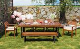 GO Outdoor Wood Dining Set For 7-8 Person, Outdoor Dining Furniture With Removable Cushions, Ergonomic Chairs And Bench, Thicker Table, Nature