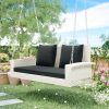 2-Person Wicker Hanging Porch Swing with Chains; Cushion; Pillow; Rattan Swing Bench for Garden; Backyard; Pond