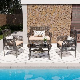 4 Pieces Outdoor Patio Furniture Set,PE Rattan Wicker Garden Conversation Chairs with Tempered Glass Table and Soft Cushions for Backyard Pool or Lawn (Color: as Pic)